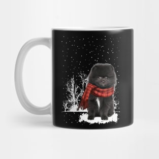 Christmas Black Pomeranian With Scarf In Winter Forest Mug